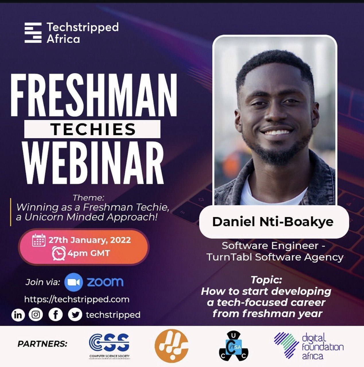 Techstripped Africa event artwork for Daniel's Freshman Techies webinar
