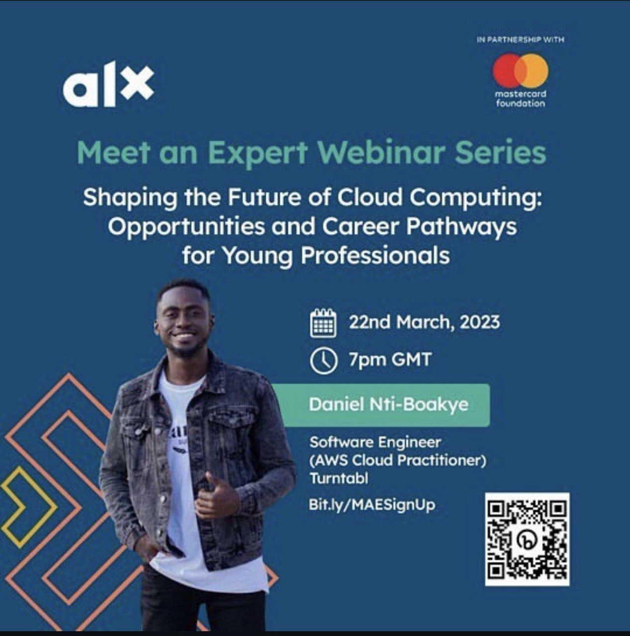 Event artwork for Daniel's ALX Meet an Expert webinar on cloud computing and career pathways